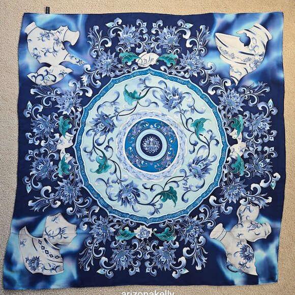 Accessories - Large Silk Scarf Hand-Rolled Hems Blue